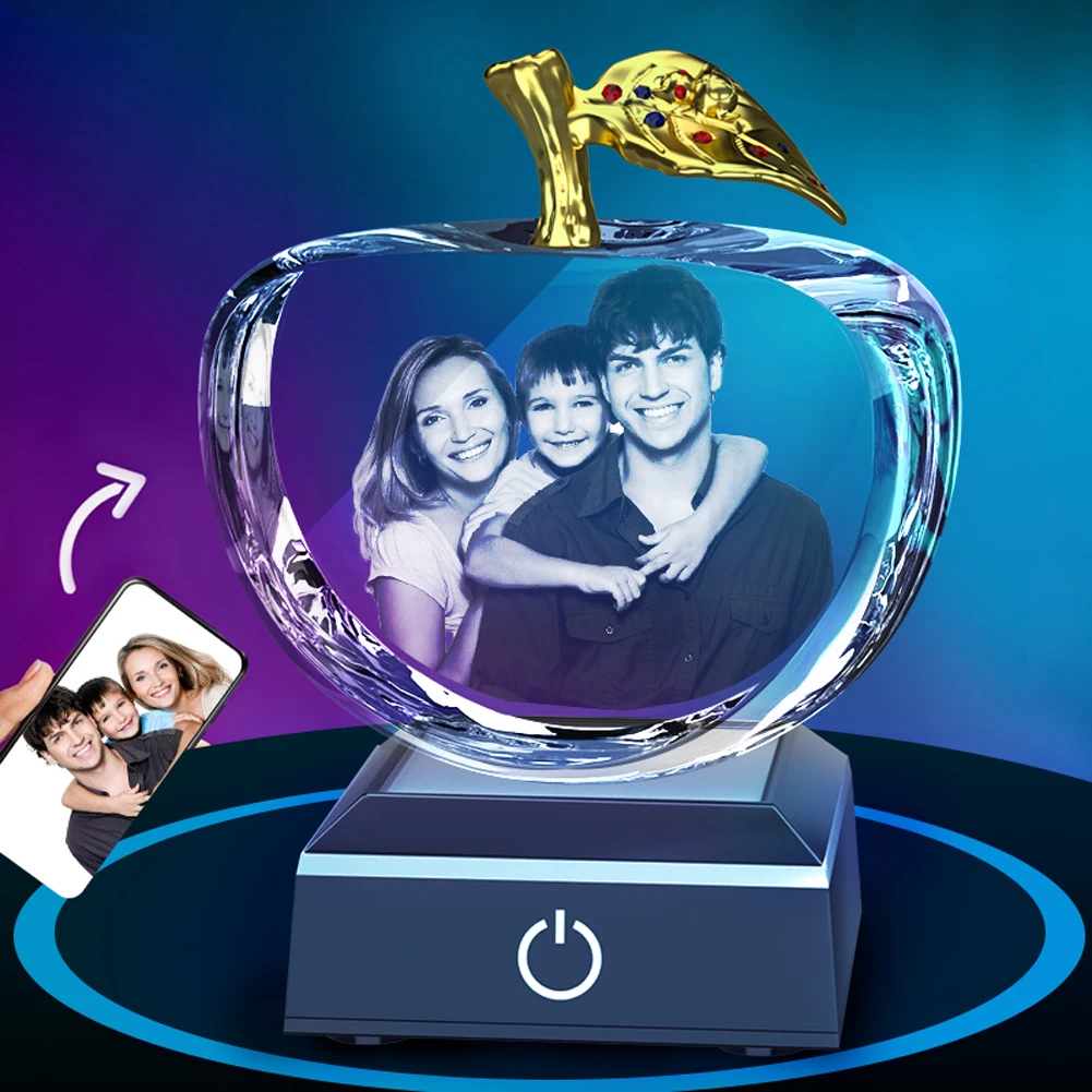 Custom Gift 3D Photo Crystal Apple L Frame Personalized 3D Picture in K9 Crystal with Your Own Photo and Text