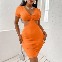 Ready to ship products 100%poleyster stretch ribbon material bright orange deep v neck short sleeve hollow out tube tight dress