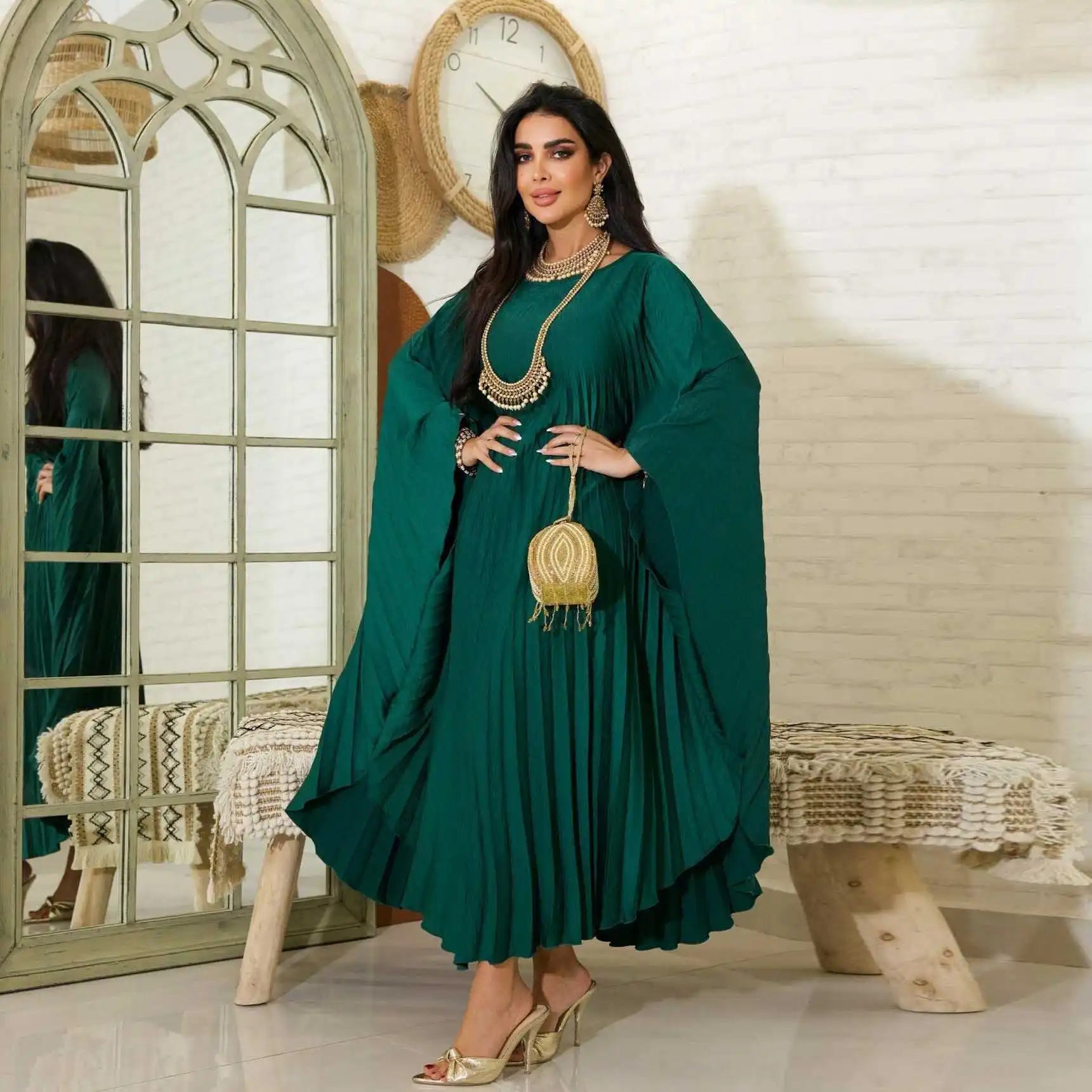 Abayas For 2 Wholesale Eid Modest Turkey Islamic Wasted Batwing Sleeve Pleated Abaya Luxury Women Muslim Dress Abaya Dubai 2024