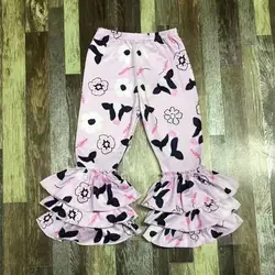 Fashionable Pants for Boys Cow Head Flower Three Fold Girls Triple Ruffle Pants Kids Leggings