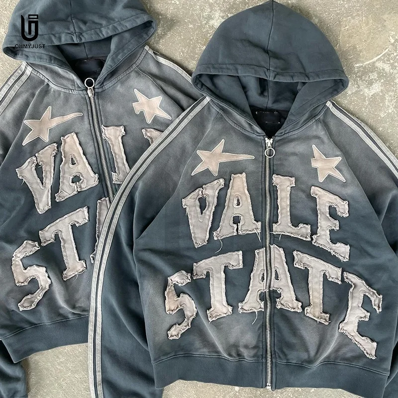 Custom Logo embroidered patch Sweatpants And Hoodie Sets High Quality Acid wash Distressed embroidery Tracksuit For men