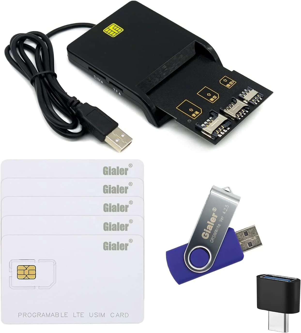 Gialer, набор программ для SIM-карт, считыватель карт + 5 карт Usim + комплект адаптеров 3 в 1 + новейшее программное обеспечение Grsimwrite