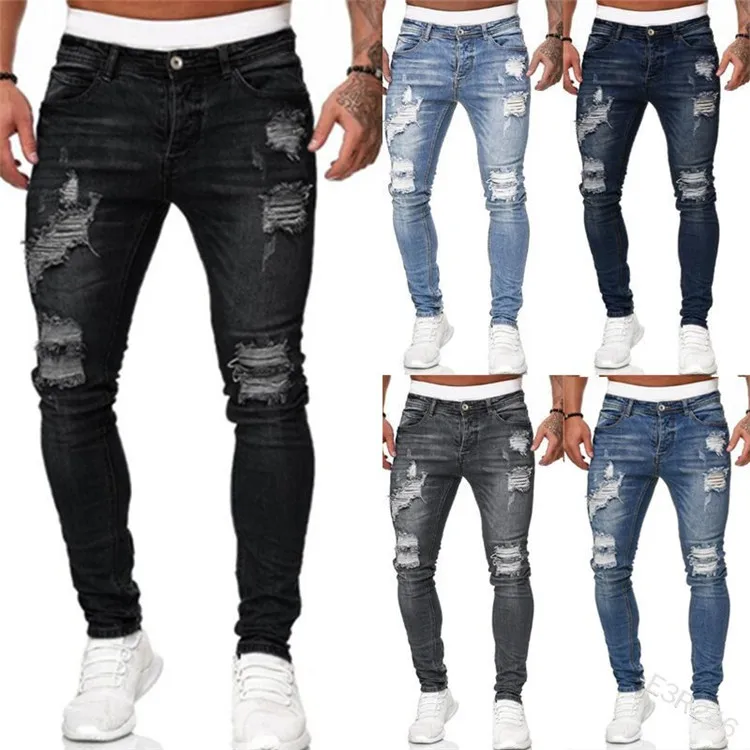 
KCN115 Hole Grind Black Fashion Distressed Pants Men Jean Slim Fit Skinny Ripped Jeans for Men Denim Jeans 