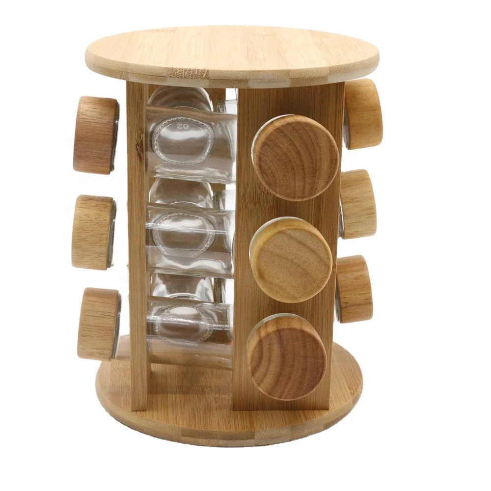 Sample Available Wholesale 3 Tier 360 Rotating Wooden Bamboo Revolving Spice Rack Wood Organizer 12 Jar Set Condiments