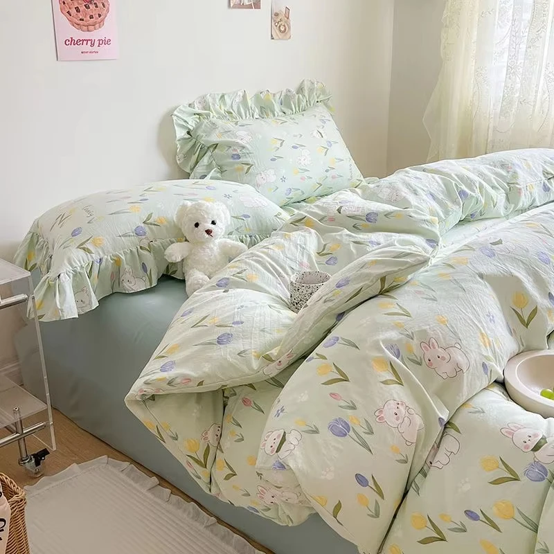 Pastoral Style Floral Bedding Set For Girls Double Size Flat Sheet Duvet Cover and Pillowcase Soft Bed Linen Home Textiles
