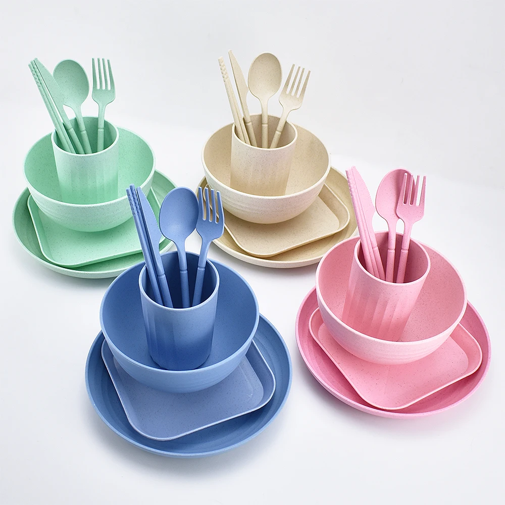 8 Piece Wheat Straw Tableware Set Cheap Recycled Biodegradable Children Reusable Plastic Bowl Plate Cup Wheat Fiber Dinnerware