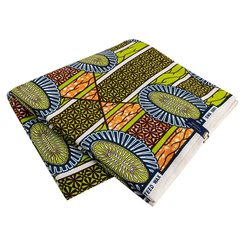 Wholesale Wax Print Green Blue and Yellow Kitenge Hollandais Cotton Fabric African Ankara Fabric