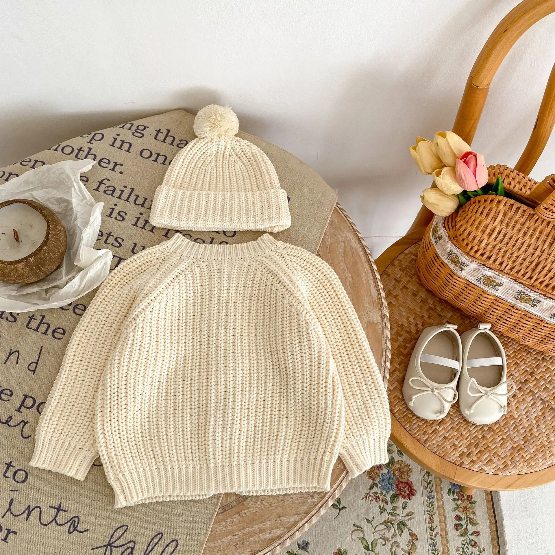 Cotton Cable Knitted Baby Sweater Baby Girl Cardigans with Poms Beanie Set