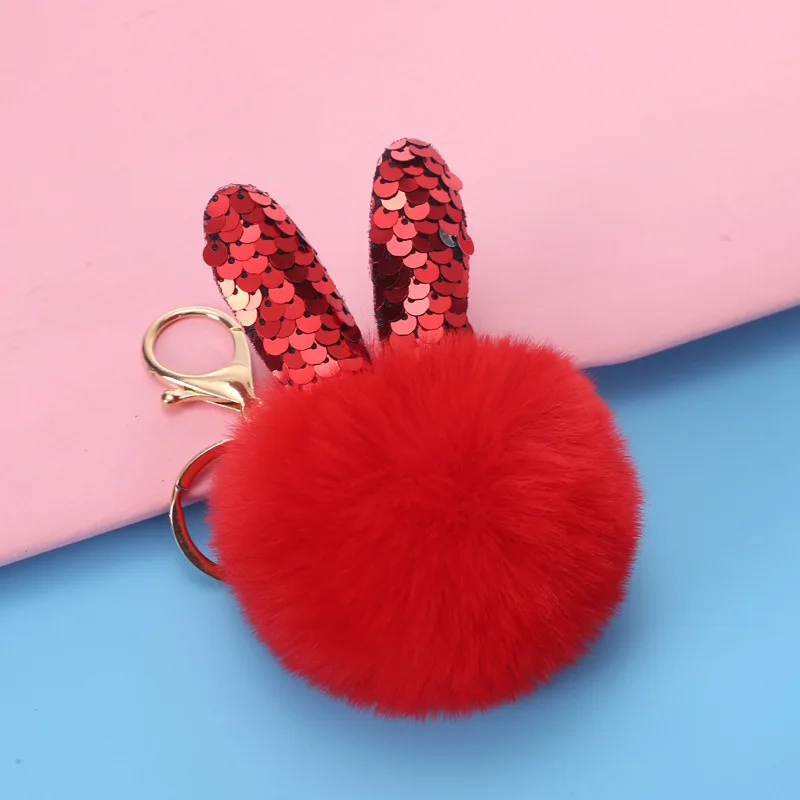 Wholesale Fancy Fluffy Faux Fur Key Ring Pompom Rabbit Ear Keychain For Women Girl DIY Bag Car Key Pendant