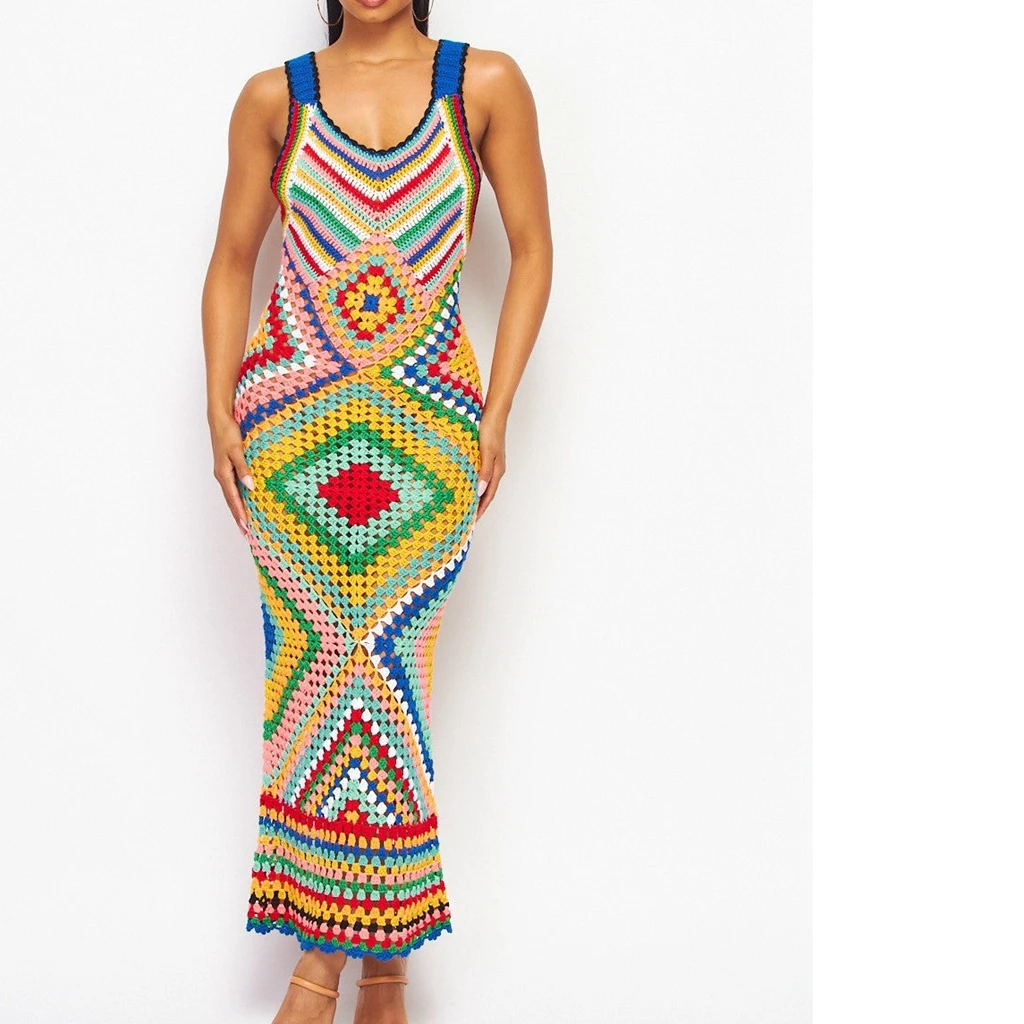 2024 Women Handmade Sexy Multi Color Summer Vacation Outfit RacerBack  Cover Up Dresses Custom Boho Crochet Knit Maxi Long Dress