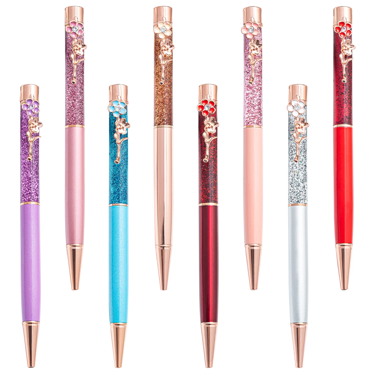 Floating Golden Flakes metal crystal ball pen flower clip with glitter and Gold foil Metal Ball Pen