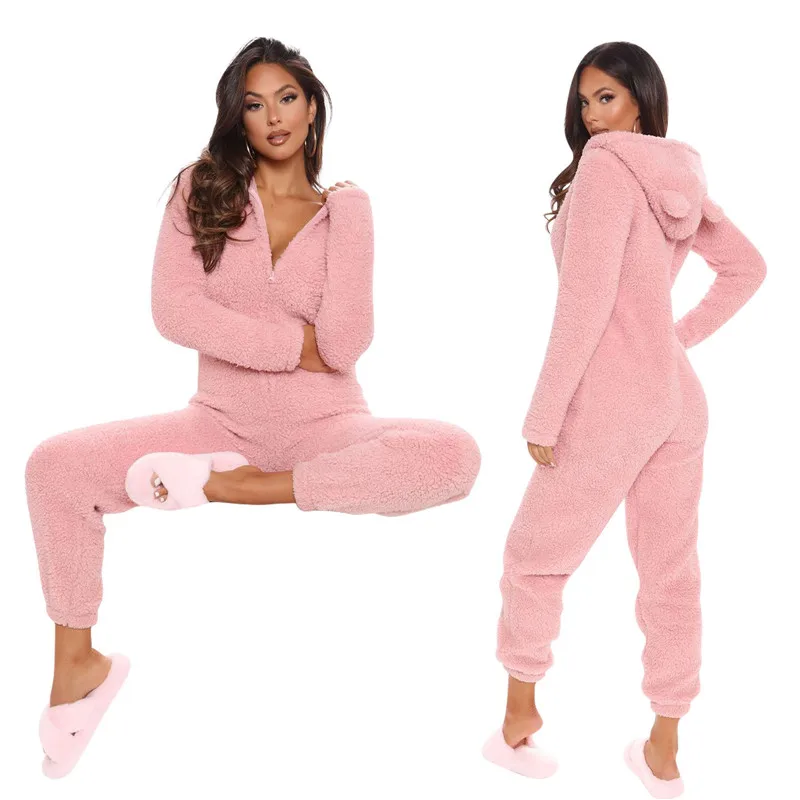 Casual Plush Homewear Long Sleeve Hooded Jumpsuits Women Cute Loungewear One Piece Zipper Pajamas Women Sleepwear