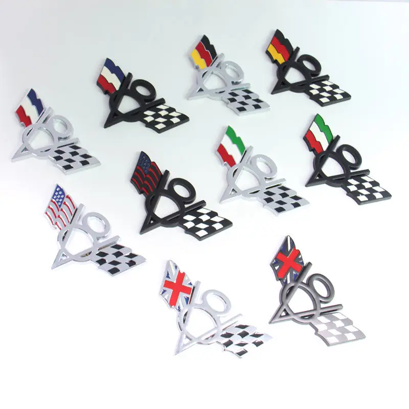 Factory High Quality 3D Car Metal Waterproof Decoration Metal V8 Letters Badge National Flag Car Sticker For Universal Car