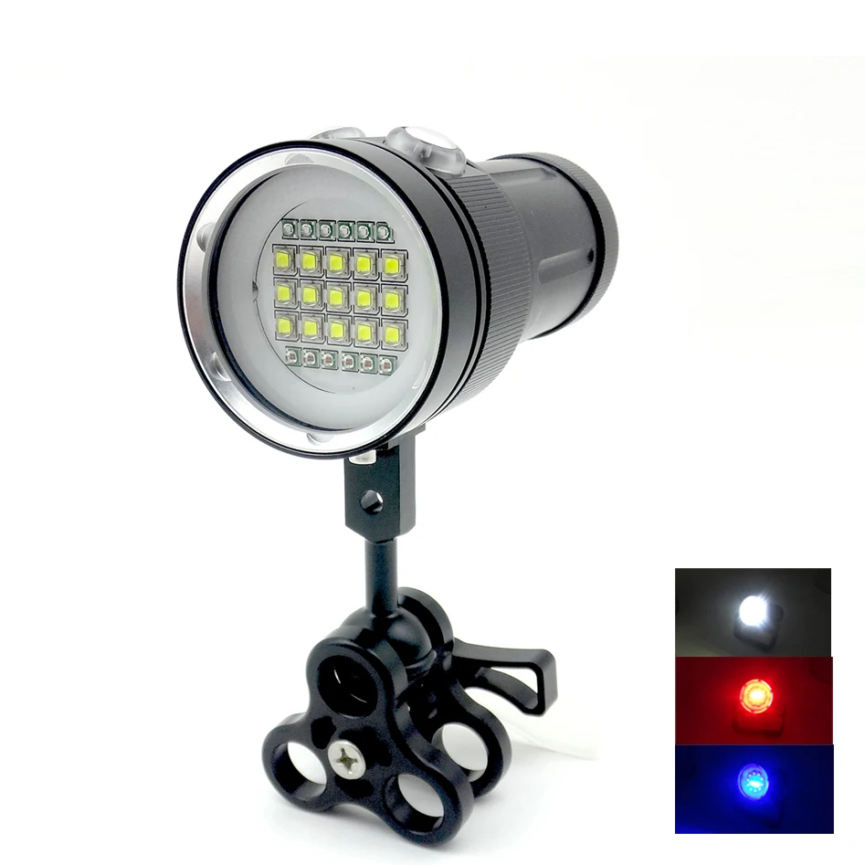 Professional Diving Light Underwater 100m Scuba Video Light 15 XML2+6 Red+6 UV LED Photography Video Dive Flashlight Lamp