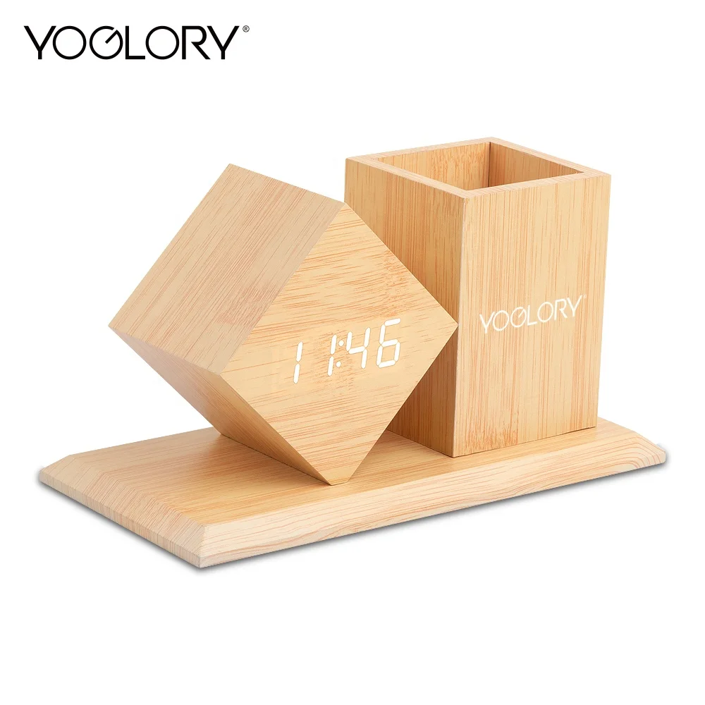 Corporate Gifts Luxury Desk Clock Wooden Pen Holder with Alarm LED Voice Control Nightlight Customized Logo