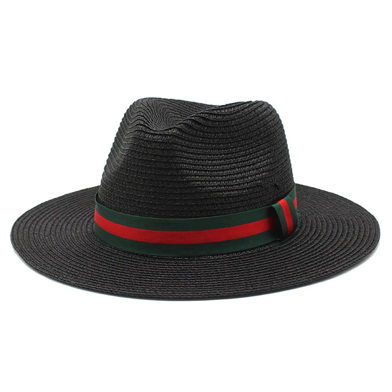 Custom Women Men Summer Sun Shade Hat Green Red Striped Ribbon Decorative Paper Straw Fedora Hat
