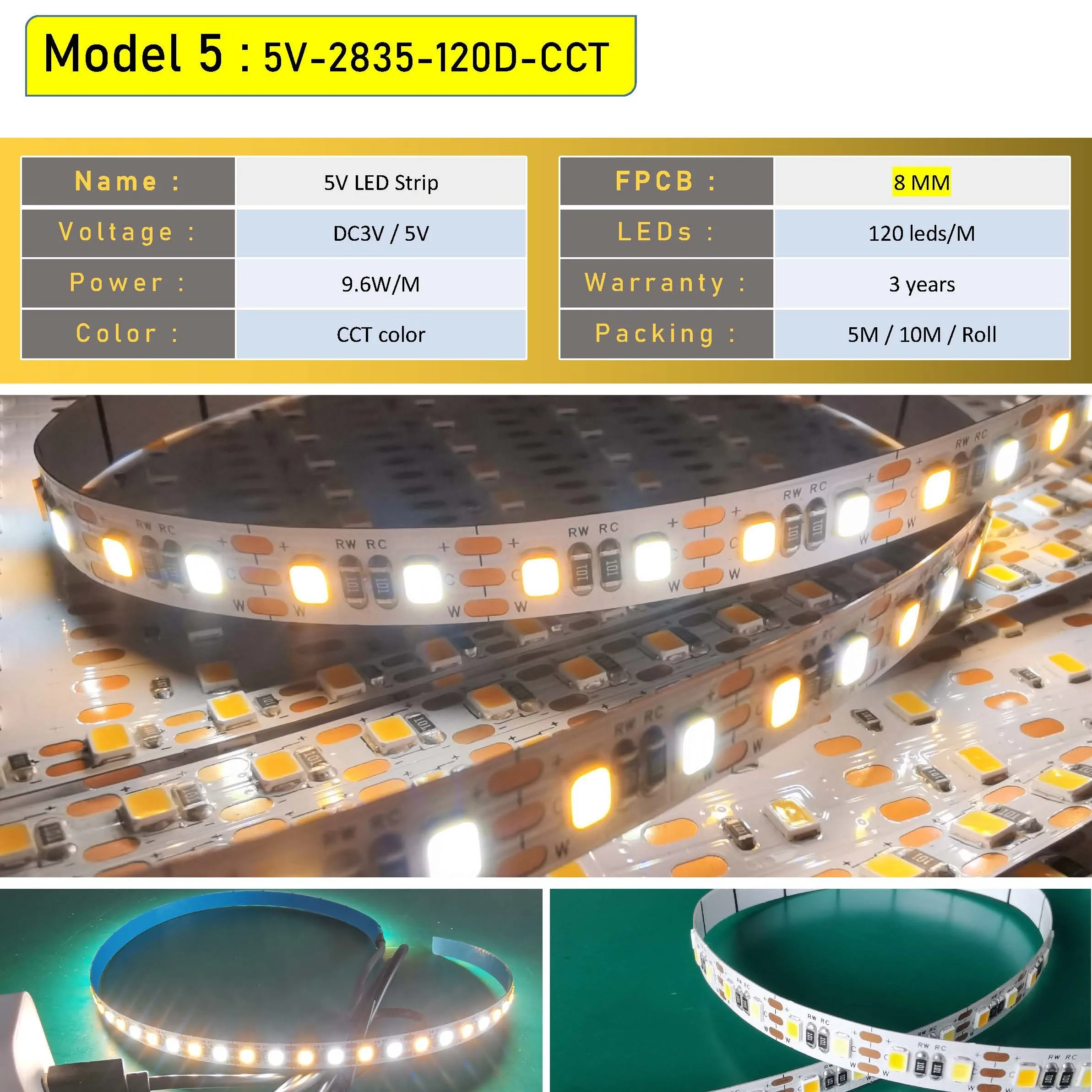 New CCT bicolor tunable white 3000K 6000K 2835 120led 5v led strip light