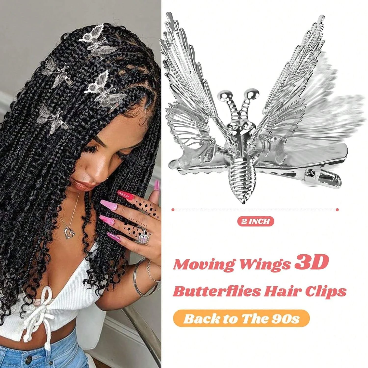 2 colors 3D Moving Butterfly Hair Clips Metal Silver Moving Wings Butterfly Hair Accessories 90s Hair Clips Barrette For Women