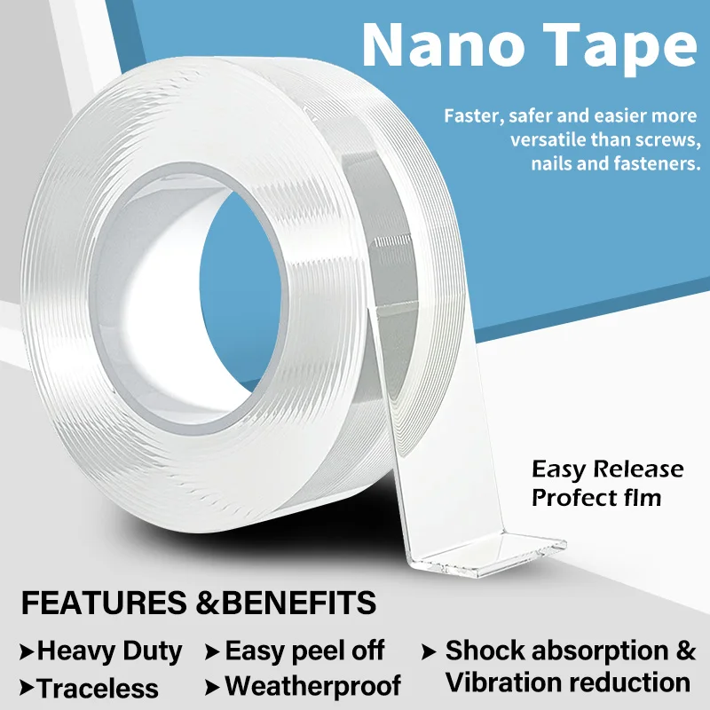 Double Sided Reusable Nano Tape Transparent Waterproof 1mmx2cmx1m Acrylic