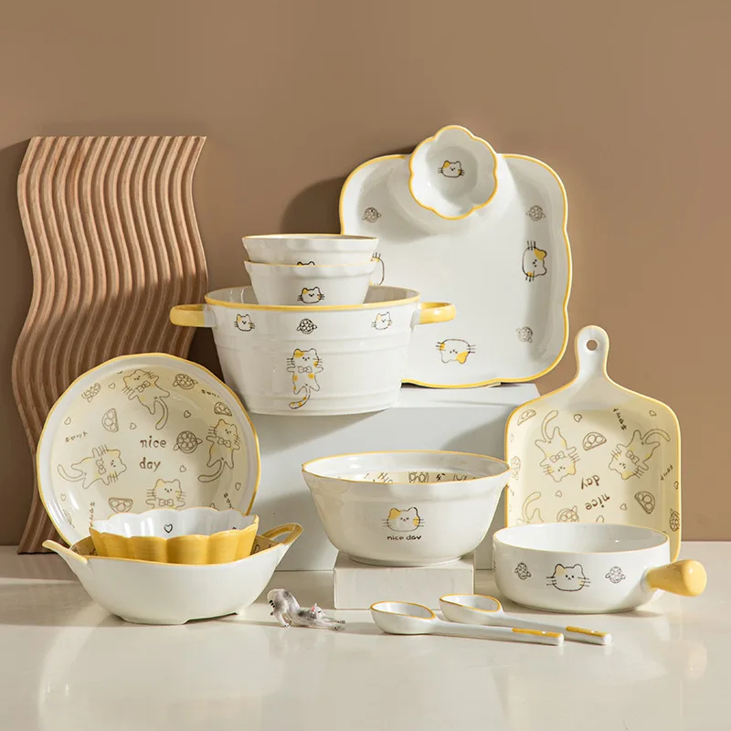 Net Red Creative Ceramic Tableware Cute Lemon Cat Design under Glazed Household Dishes Wholesale for Food Use