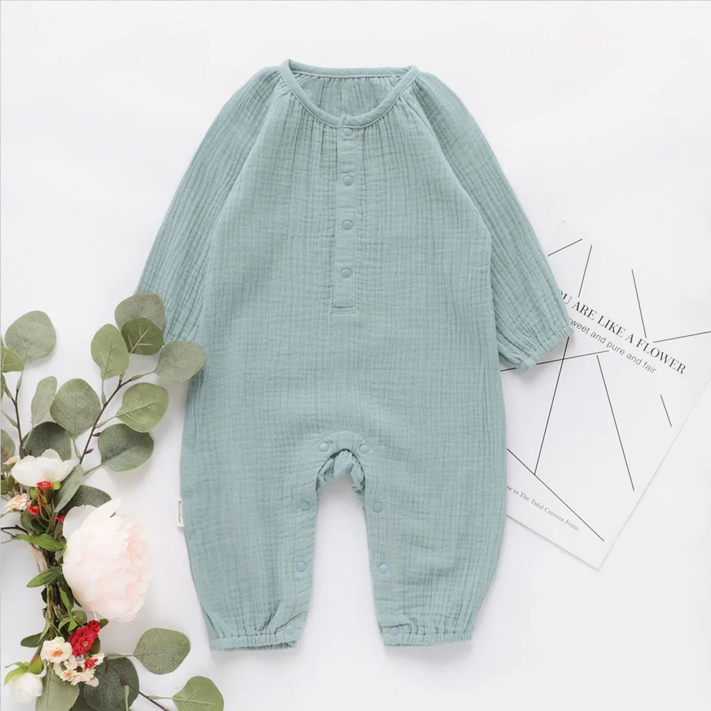Spring infant baby blank Organic muslin jumpsuit button long sleeve overall  Puffy style baby romper newborn jumpsuit