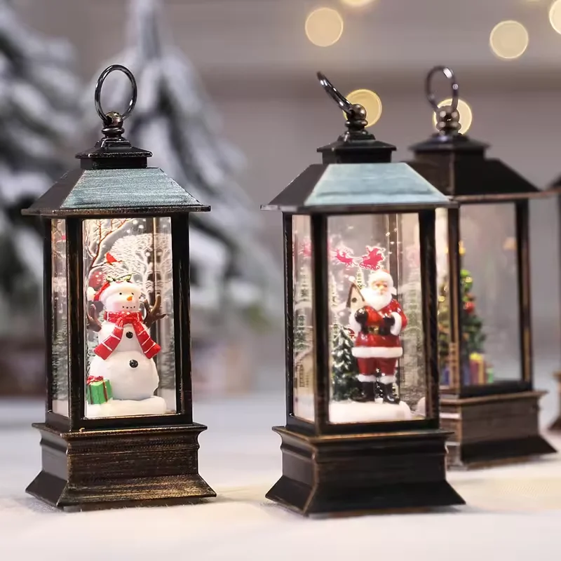 Christmas Snow Globe Light Quadrate Glitter Lantern Lamp Water Lantern Indoor Decoration Table Top Light Christmas Decor Battery