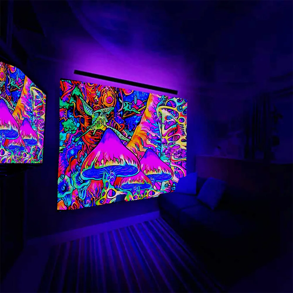 Fluorescent Wall Hanging Wall Tapestry Psychedelic Mandala Background Witchcraft Supplies UV Light Mushroom Tapestry