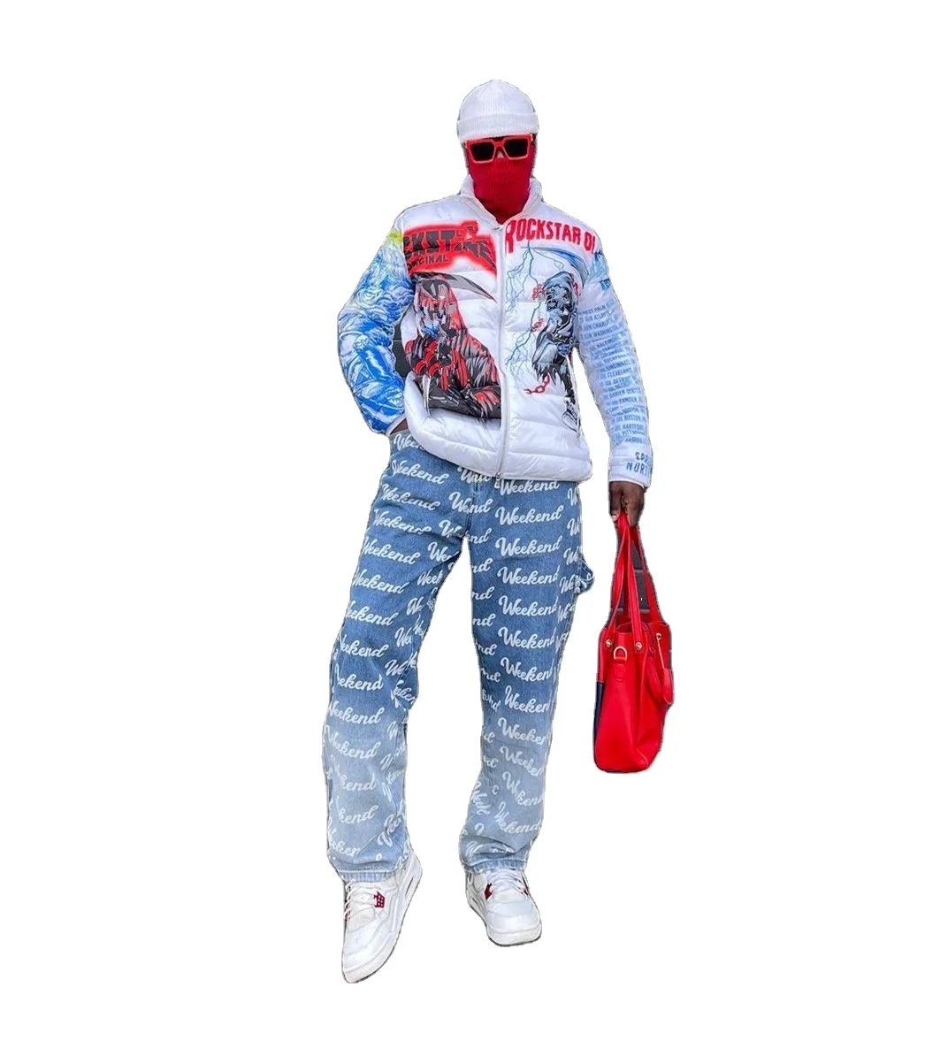 SBM 2024 NEW Washed  Light Blue Hot Sale Checkerboard Checks Loose Crazy Custom Laser Print Baggy Jeans For Men