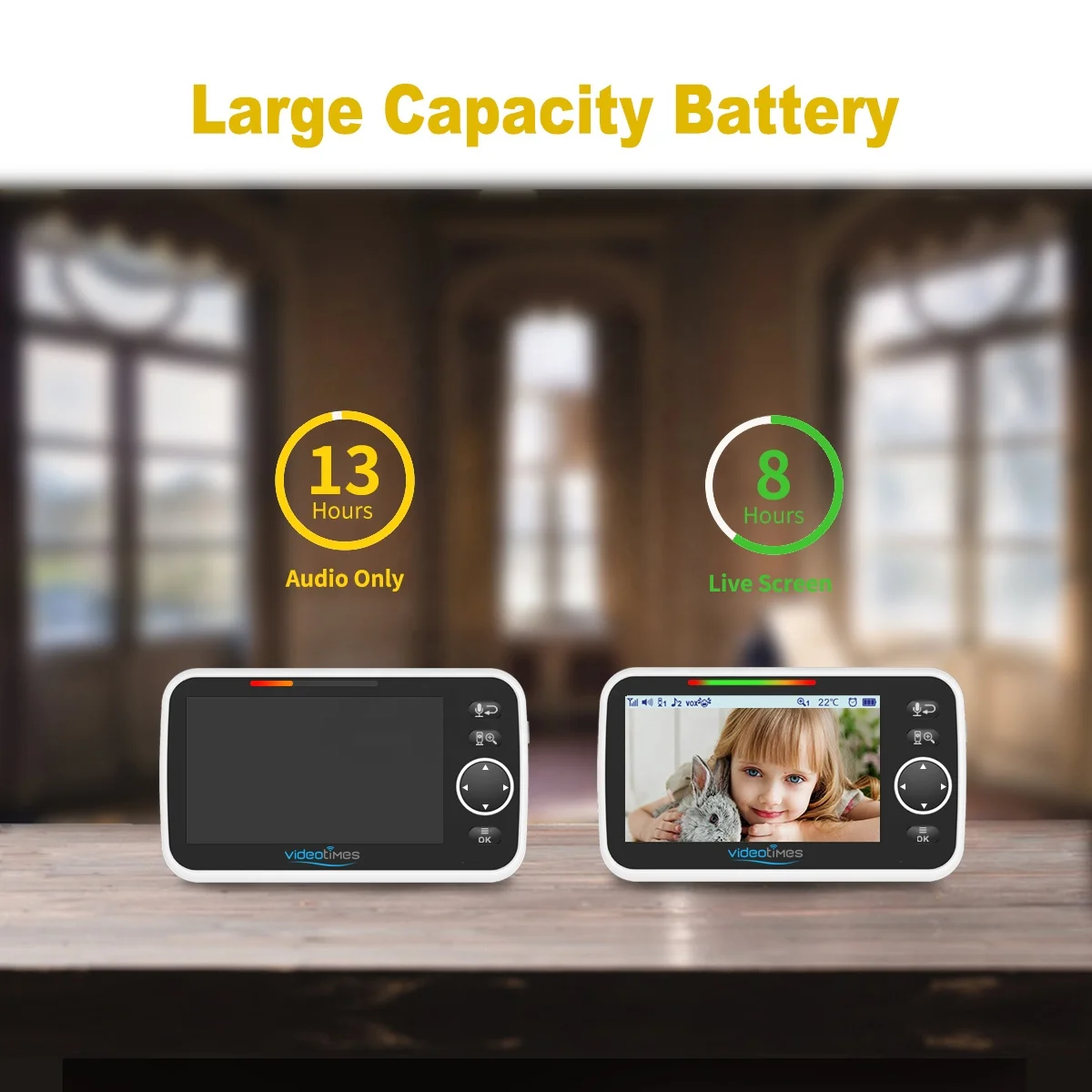 Videotimes 5.0 Inch Baby Monitor LCD Display with Wireless Night Vision Temperature and Lullabies Security Cameras and Audio