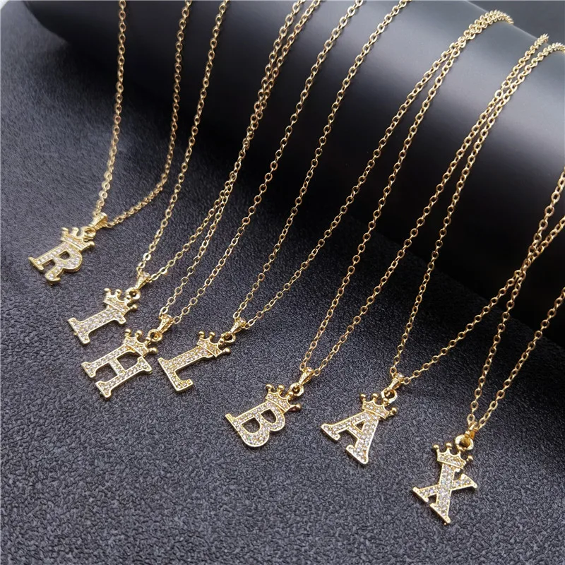 New Fashion Crown A-Z 26 Initial Letters Necklace Gold Crown Alphabet Pendant Initial Necklace For Men Women