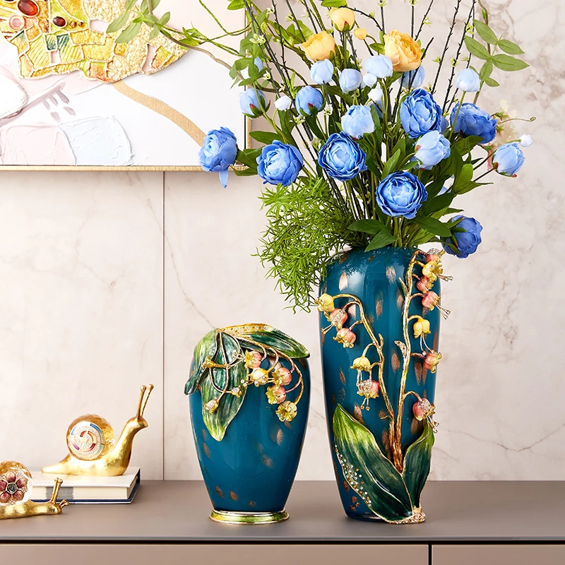 RORO home decor new collection modern luxury decorative glass green color enamel handmade painting pomegranate guava flower vase