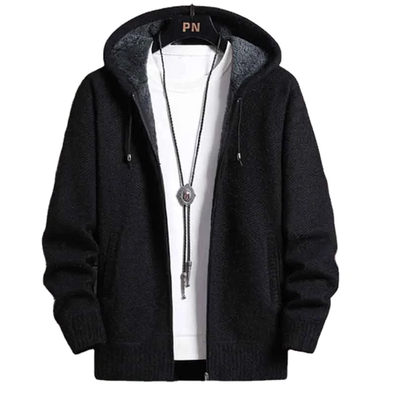 
Mens Fashion Hoodie Windbreaker Fleece Lined Jacket Zipper Up Knitwear Wind-jacket Outercoat Hooded Knitted Thick Fur Cardigan 