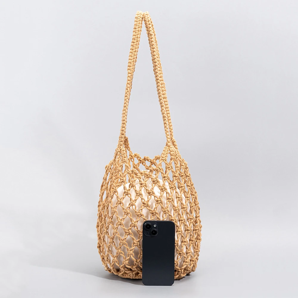 2024 Braided Bucket Bag New Cotton Thread Handmade Mesh Design Ladies Beach Shoulder Bags