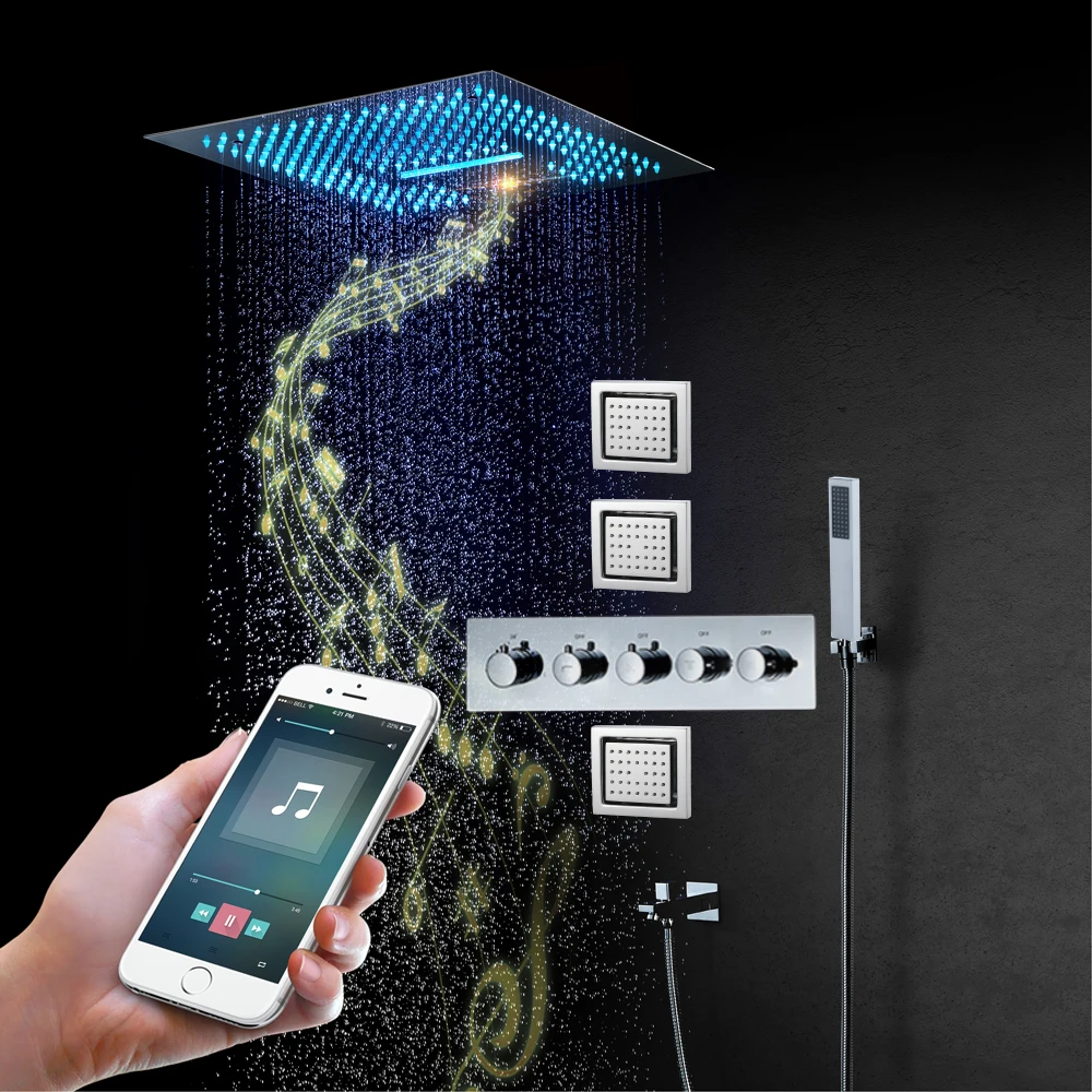 Золотой/Черный Потолок 400*400 мм музыкальная душевая лейка светодиодный Термостатический смеситель для ванной комнаты