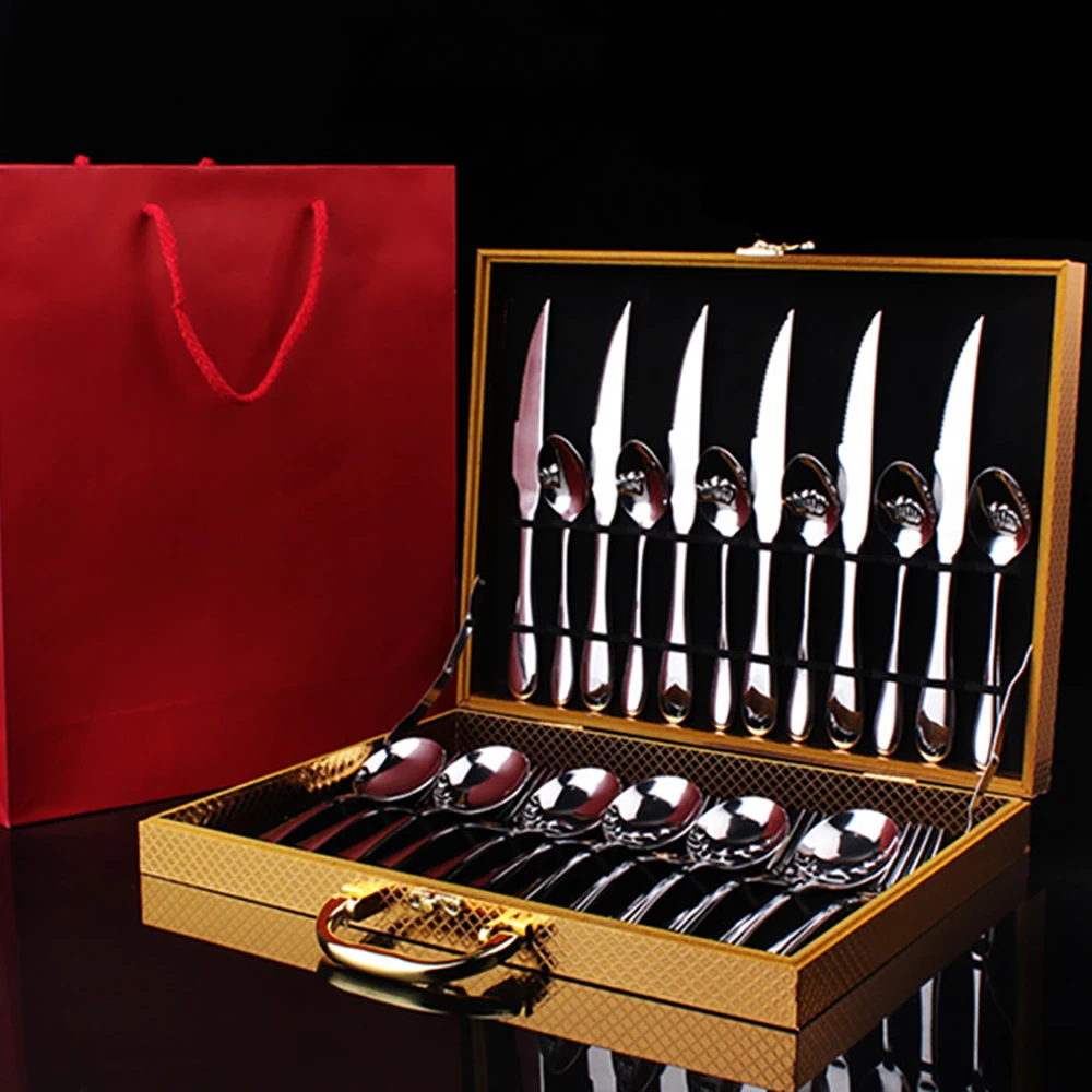 
Custom reusable luxury stainless steel flatware sets with gift box gold dinnerware sets manufacturer wholesale cutlery set 24pcs 