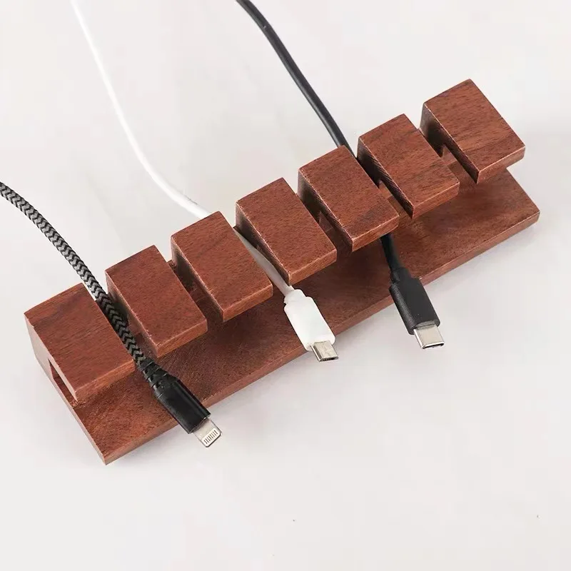 Solid Walnut Wooden Cable Organizer Rustic Charger Cord Holder for Office Desk