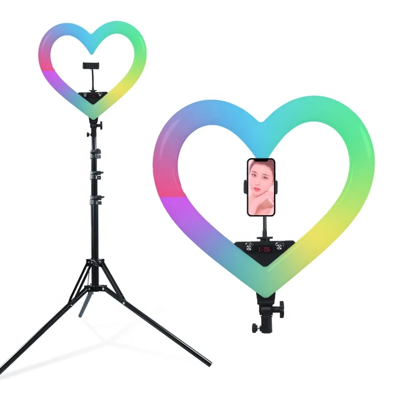 19 inch heart shaped RGB ringlight makeup selfie led video light with tripod stand and phone holder