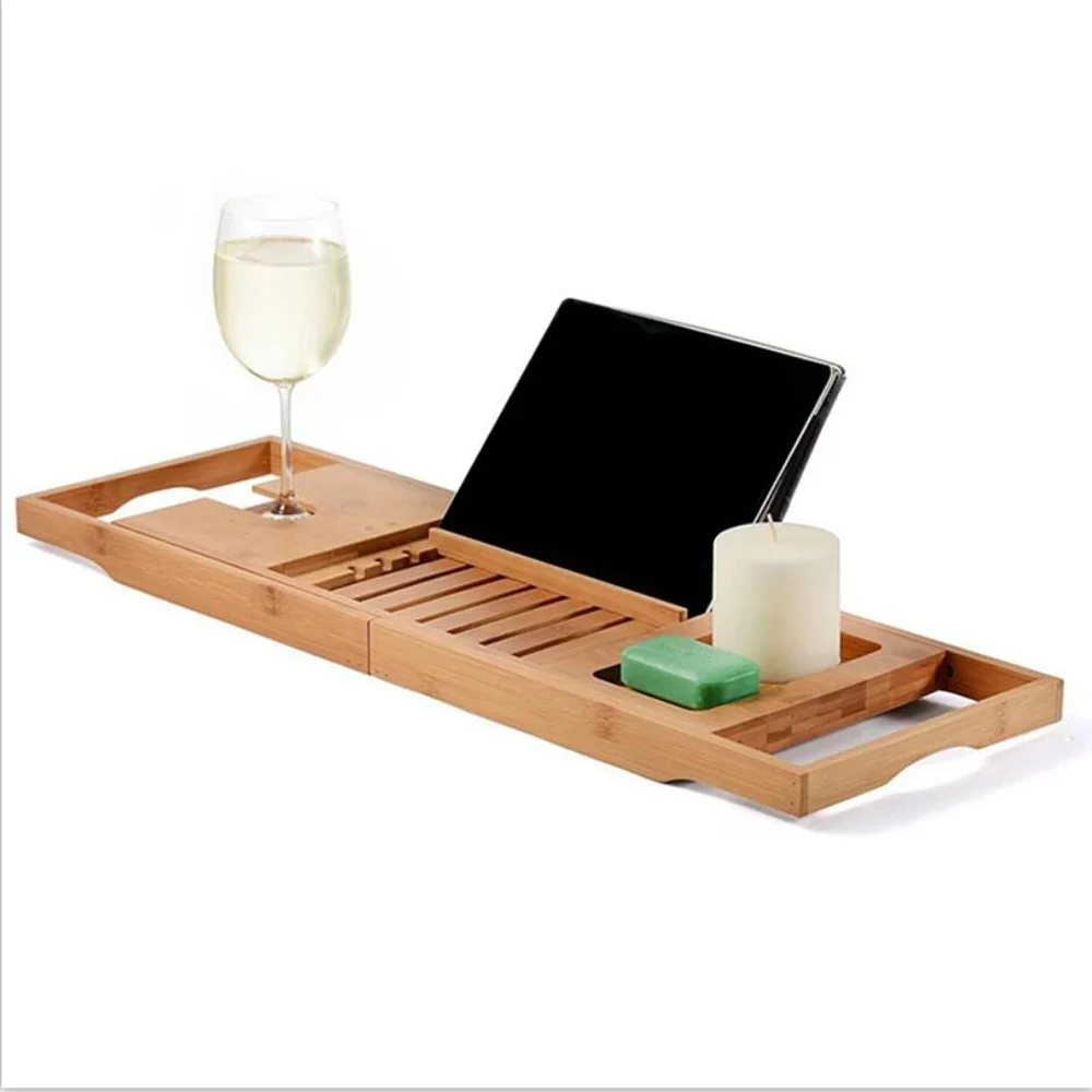 Bamboo Adjustable Bathtub Caddy Tray with Wine Holder, Cup Placement, Soap Dish, and Book Space