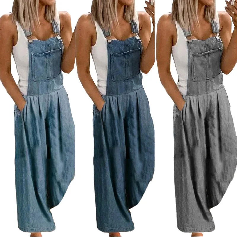 New arrivals 2021 fashionable denim blue wide leg cargo pants women casual overalls loose jumpsuits
