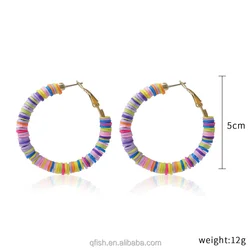 Multicolored Bohemian Beaded Clay Beach Jewelry Handmade Oversized Exaggerated C Shape Hoop Earrings