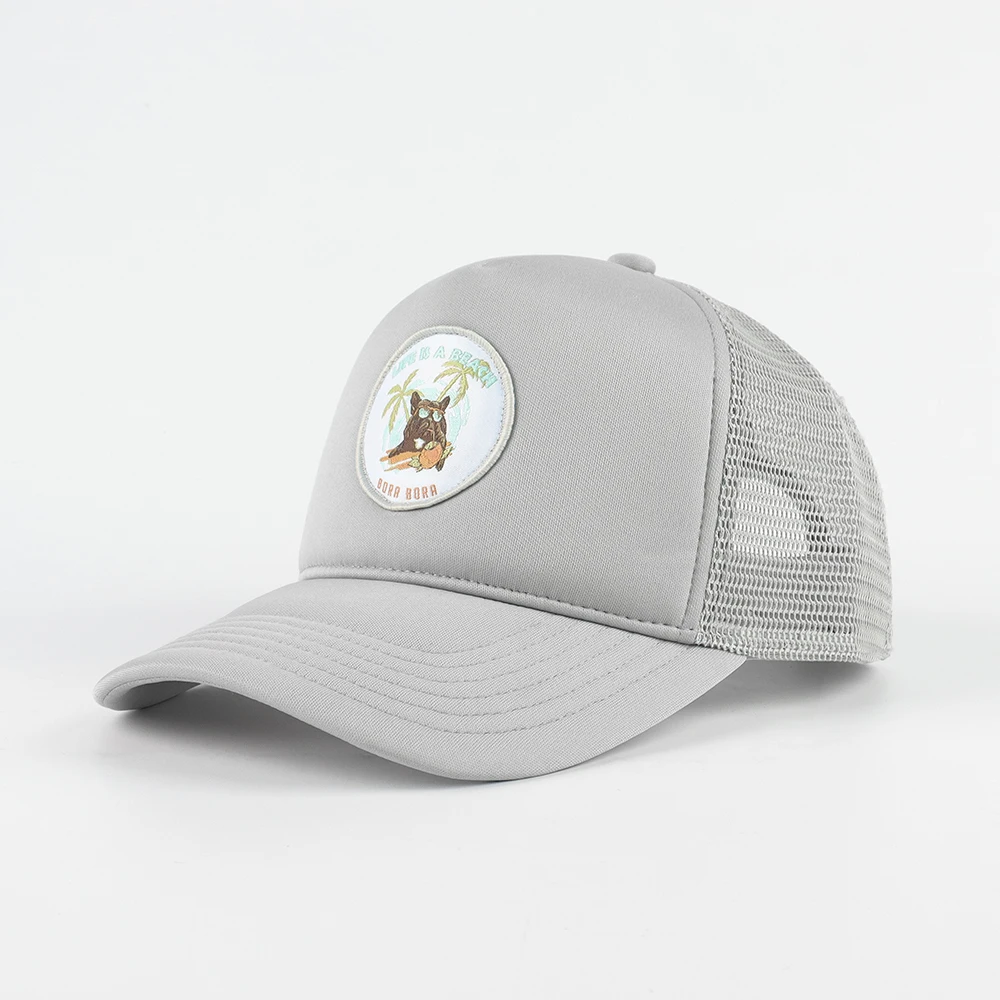 Custom luxury high quality 5 panel high crown foam trucker hat,outdoor mesh caps with woven patch embroidery logo