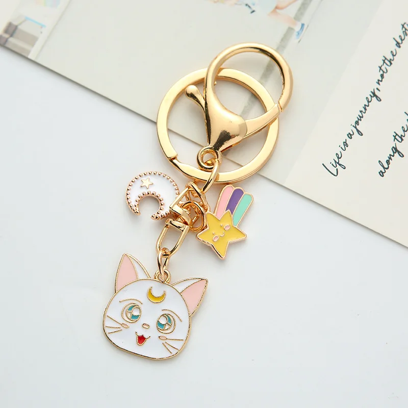 Alloy car keyring compact cat Moon Star kitten metal pendant creative personality bag parts charms keychain accessories