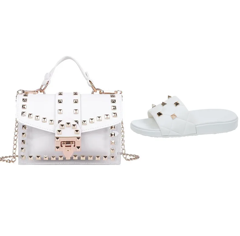 2022 hot sale fashion rivets clear ladies jelly bag shoulder crossbody chain handbags purse and shoe slippers set for women