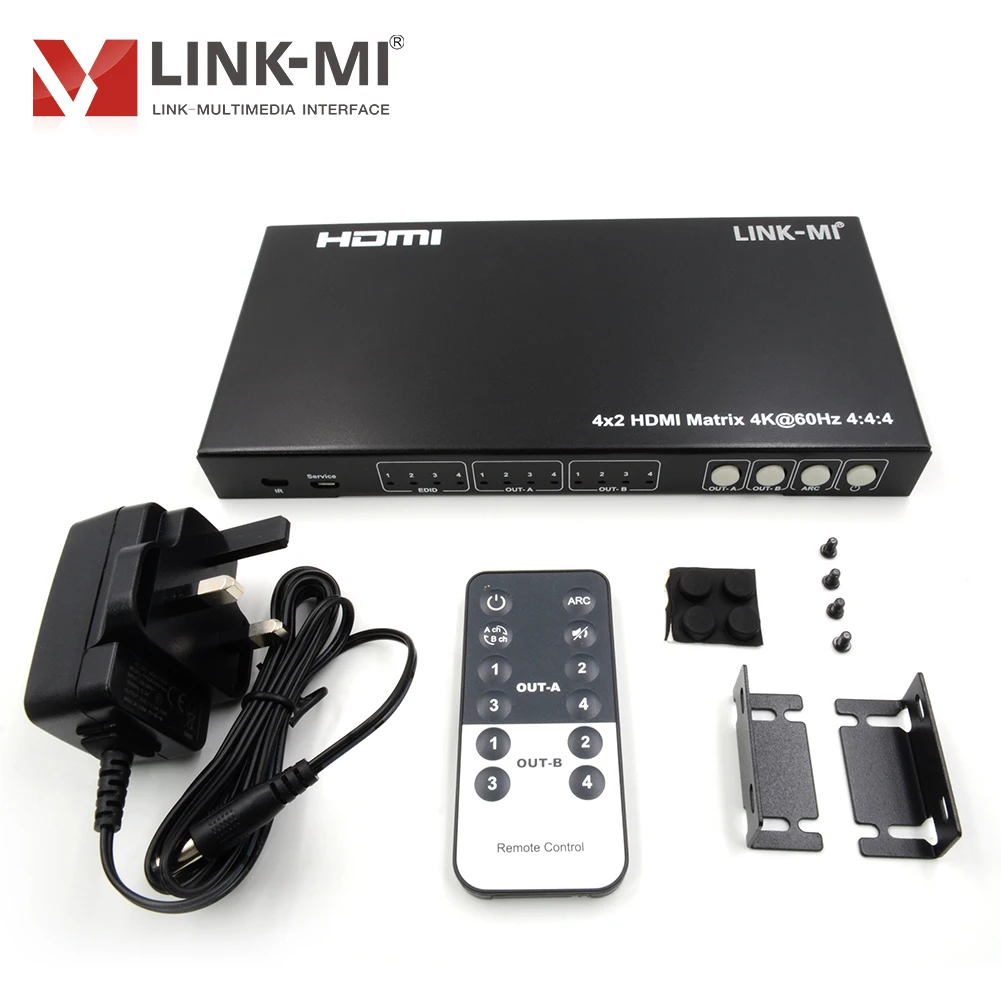 LINK-MI 4x2 HDMI Matrix with Audio Extract Support 4K@60Hz YUV 4:4:4, 18Gbps, 3D, CEC, ARC, EDID, Downscaler, SPDIF/Analog