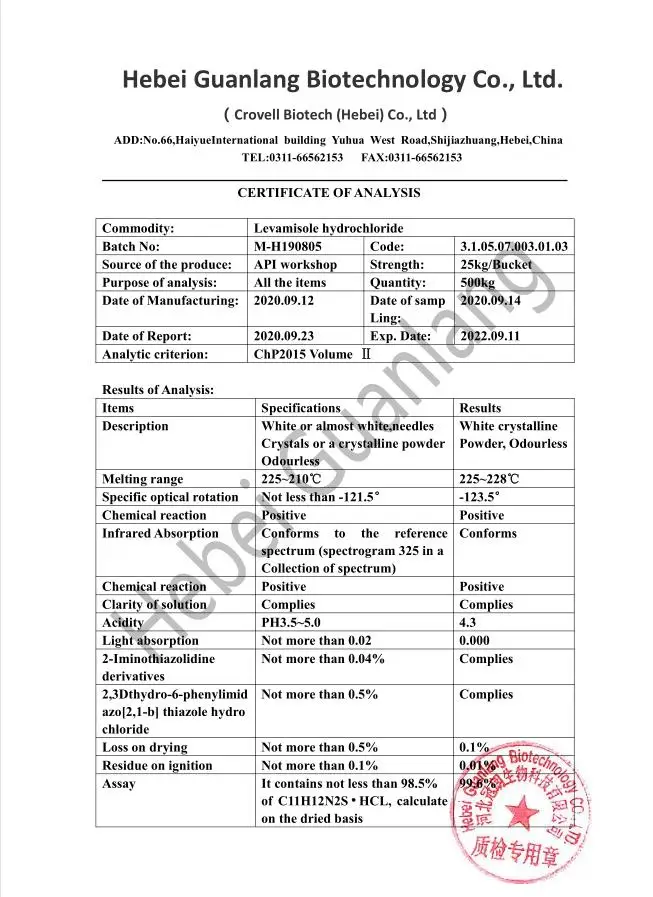 
China supplier sell high quality veterinary CAS 16595-80-5 levamisole hydrochloride 