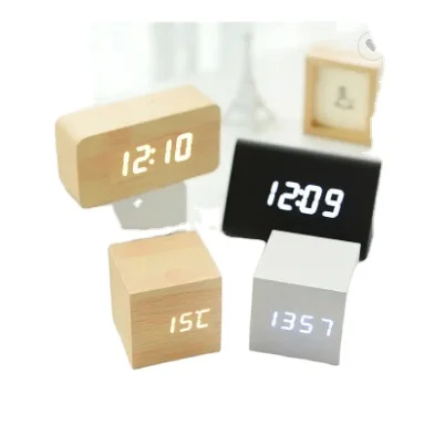 Mini Cube Wooden Clock Voice Control Electronic Desk Clock with LED Digital Table Watch Snooze Cute Alarm Clock fo