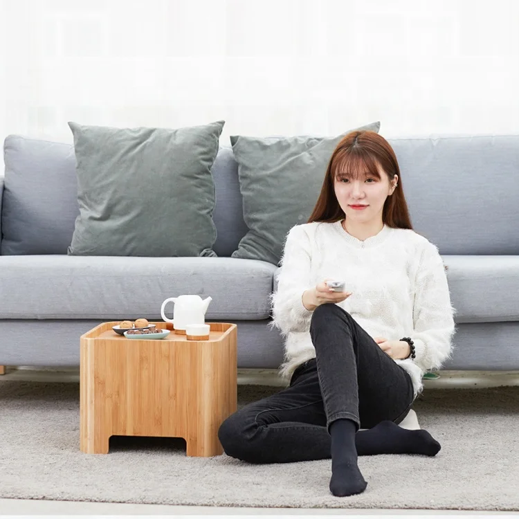 Bamboo Small Coffee Table Tatami Tea Table Storage Ottoman Dressing Table Living Room Furniture with 2 Cushions and Mirror