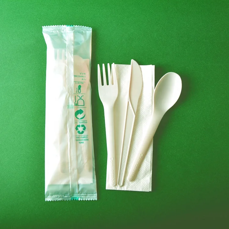 CPLA Polylactic Acid cutlery set with PLA wrap knife fork spoon napkin all in one 100% compostable biodegradable