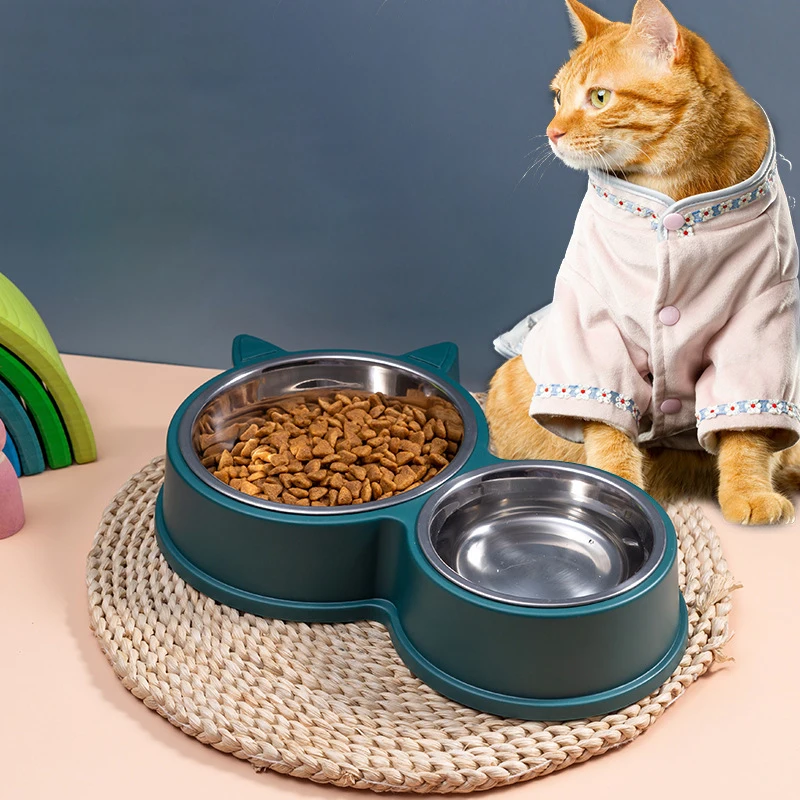 Manufacturer Wholesale Cat And Dog Bowl Cat Shape Stainless Steel Pet Feeding Double Bowl