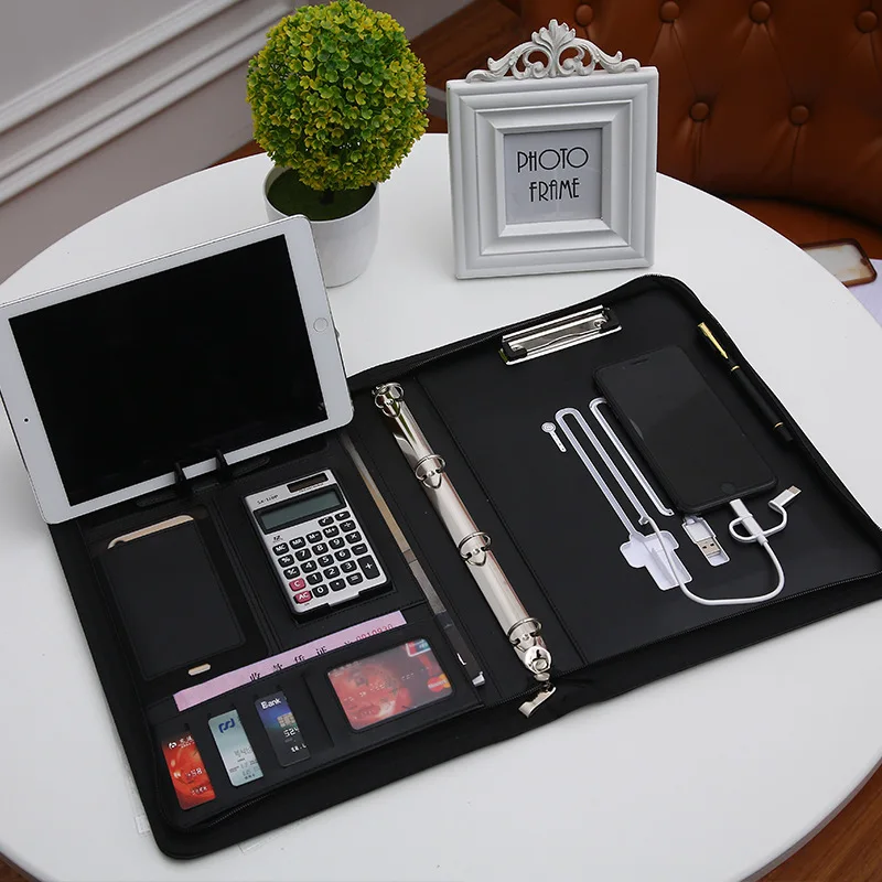 A4 multifunctional wireless charging treasure file folder with zipper mobile power business leather notepad folder